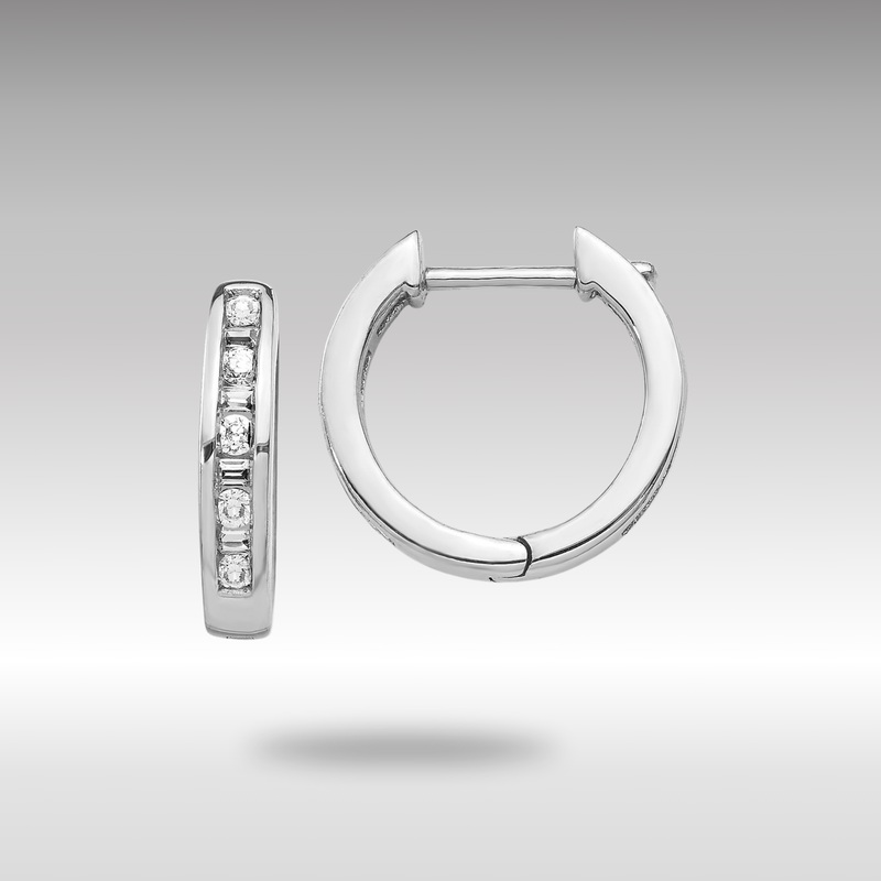 White Gold Round/Baguette Diamond Hinged Hoop Earrings – Model EM5359-025-WA