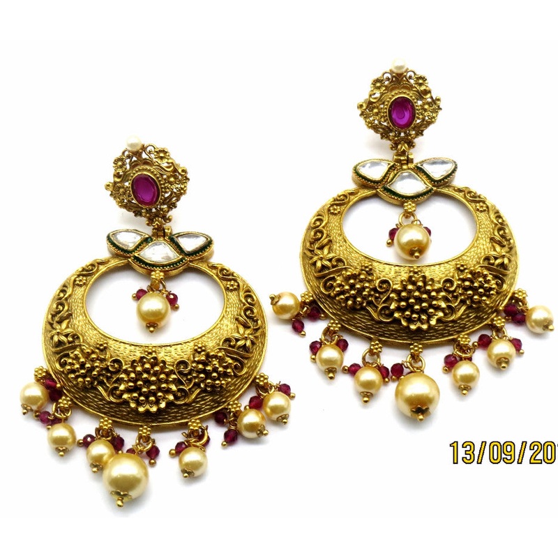 Jewelshingar Jewellery American Diamond Antique Plated Ruby Colour Dangle & Drop Earrings For Women ( 70343PLE )