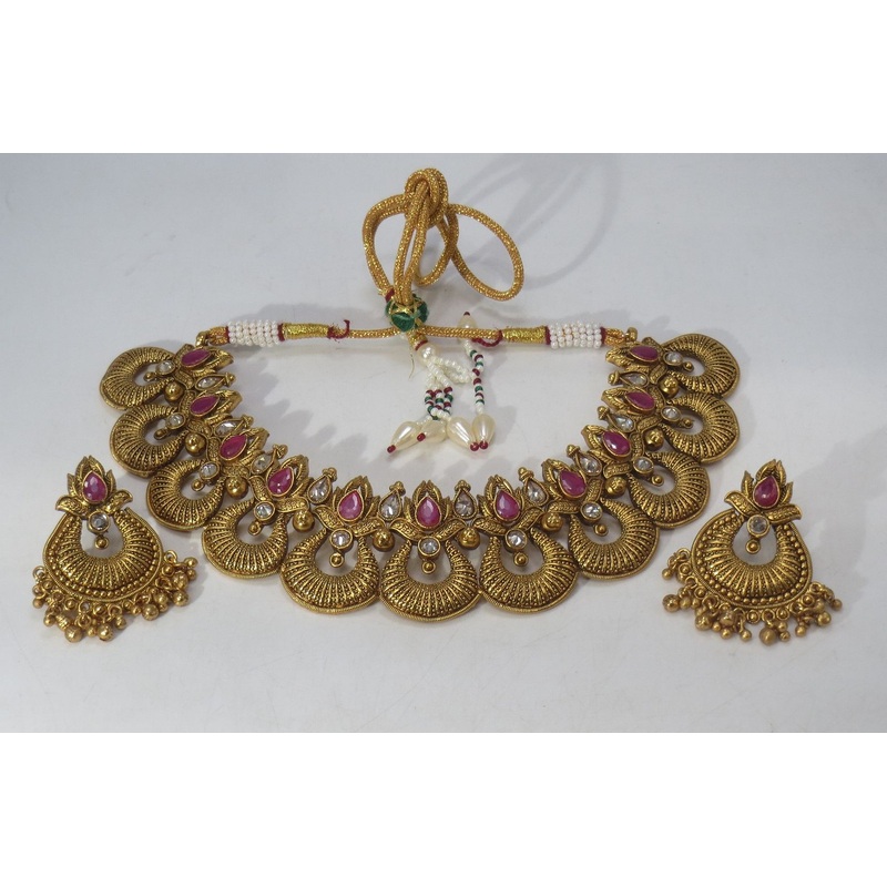 Jewelshingar Jewellery Fine Antique Polki Kundan Antique Plated Red Colour Necklace For Women ( 60613AST )