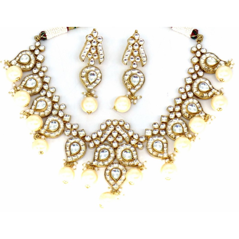 Jewelshingar Jewellery Fine Antique Polki Kundan Gold Plated Clear Colour Necklace For Women ( 61361ACS )