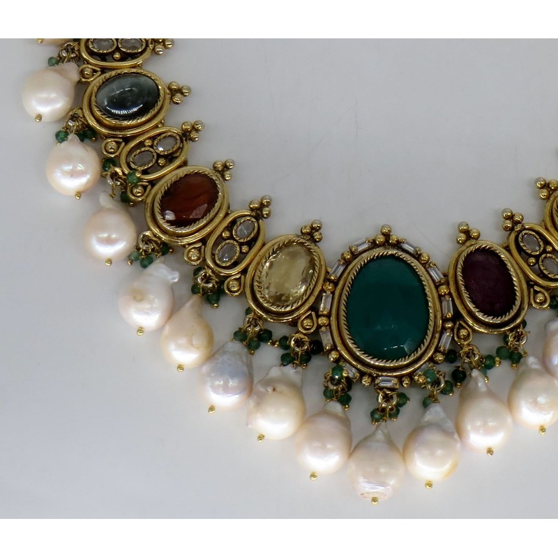 Jewelshingar Jewellery Fine Antique Polki Kundan Gold Plated Multi Colour Necklace For Women ( 62845ACS )