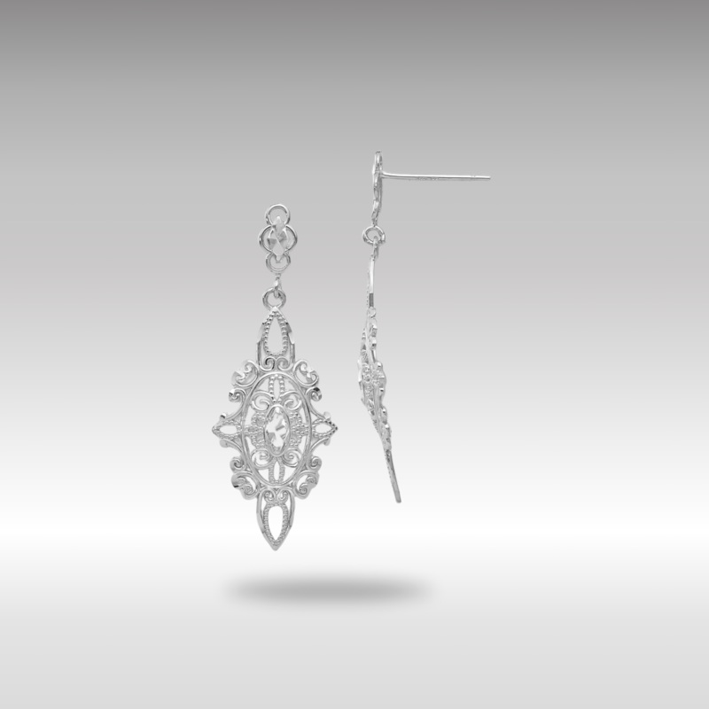 White Gold Diamond-cut Filigree Dangle Earrings Model-TP138