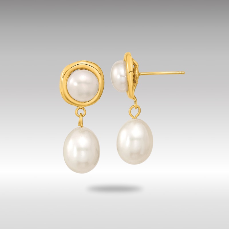Gold 5-7mm White Button/Rice Freshwater Cultured Pearl Dangle Post Earrings – Model XF669E