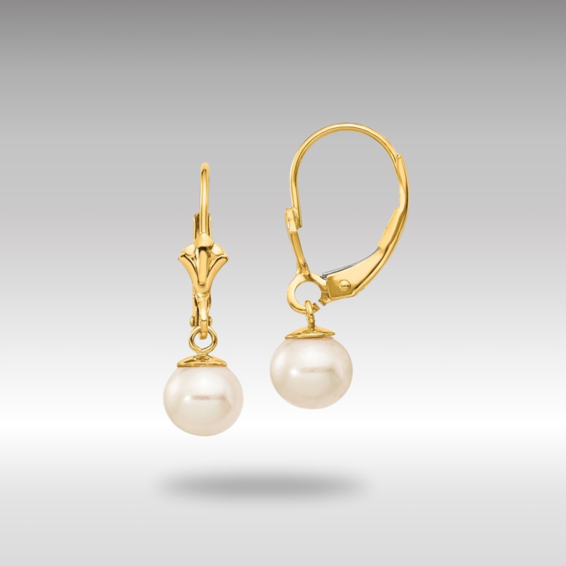 Gold 6-7mm White Round Freshwater Cultured Pearl Leverback Earrings Model-XLB154PL