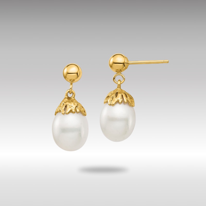 Gold 7-8mm White Rice Freshwater Cultured Pearl Dangle Post Earrings – Model XF693E