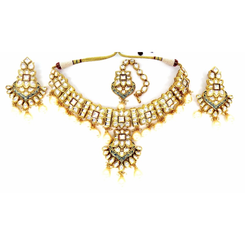 Jewelshingar Jewellery Fine Antique Polki Kundan Gold Plated Multi Colour Necklace For Women ( 60279ACS )