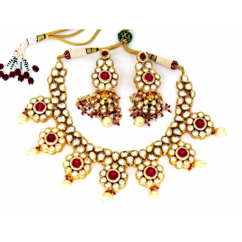 Jewelshingar Jewellery Fine Antique Polki Kundan Gold Plated Pink Colour Necklace For Women ( 60273ACS )