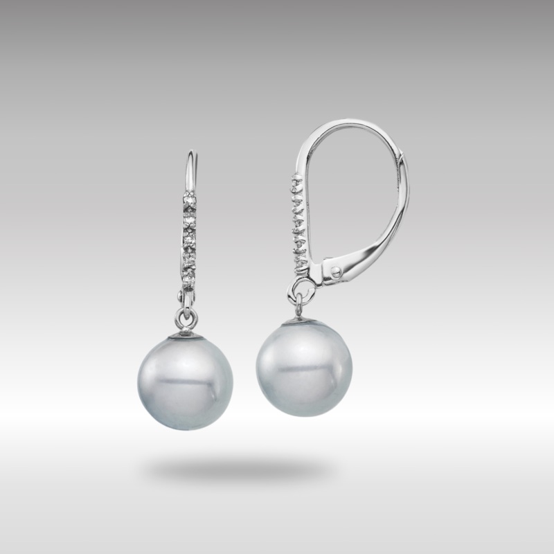 White Gold 8-9mm Grey FWC Pearl .05ct Diamond Leverback Earrings Model-XF701E