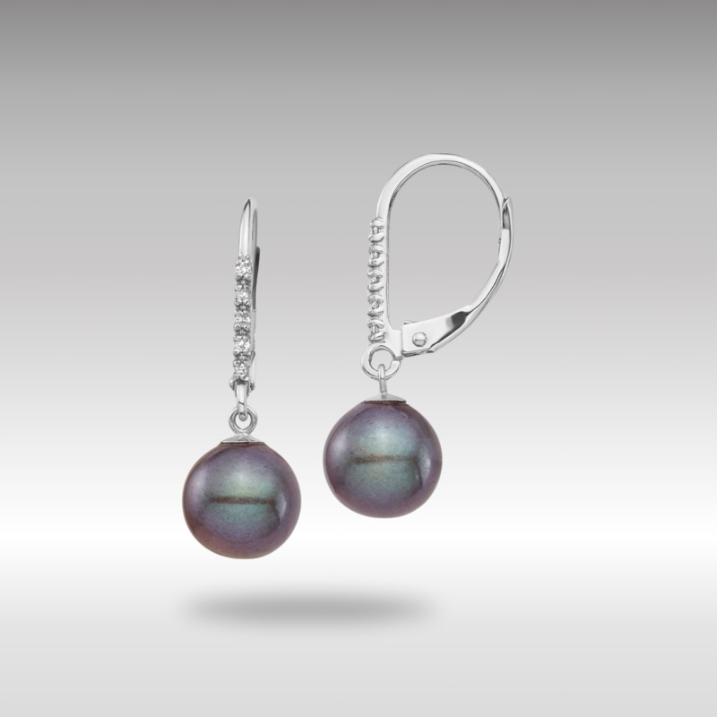 White Gold Dyed Fresh Water Cultured Pearl & .05ct Diamond Leverback Earrings Model-XF700E