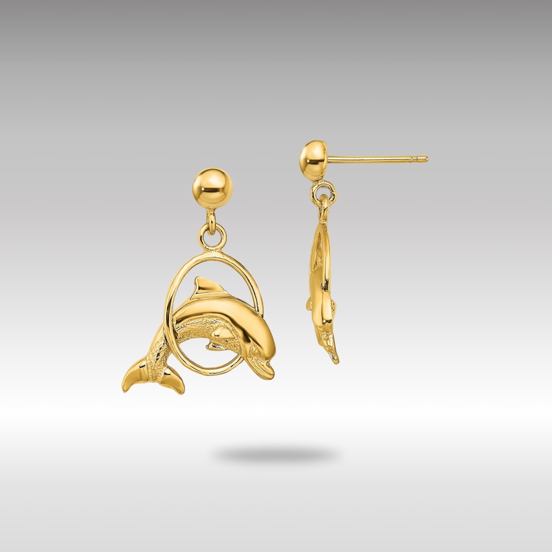 Gold 2-D Polished Dolphin Jumping Through Hoop Earrings – Model TE764