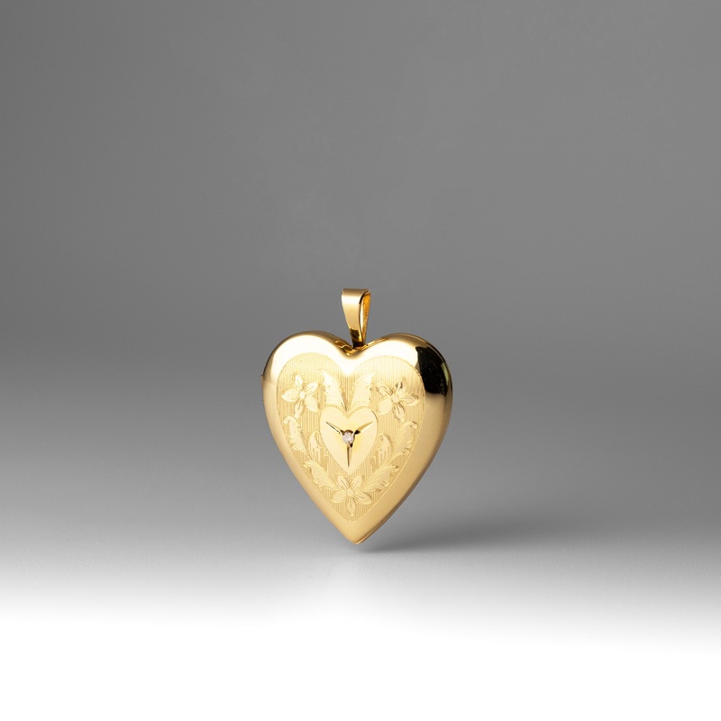 Gold 20mm Polished Floral Design Diamond Heart Locket Pendant – Model XL848