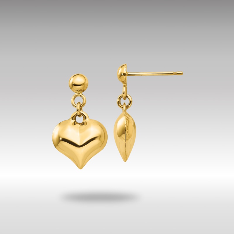 Gold Polished Puffed Heart Dangle Post Earrings Model-TC719
