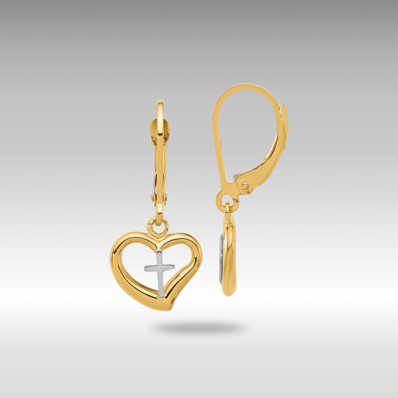 Gold Two-tone Polished Cross in Heart Leverback Dangle Earrings – Model TF2362