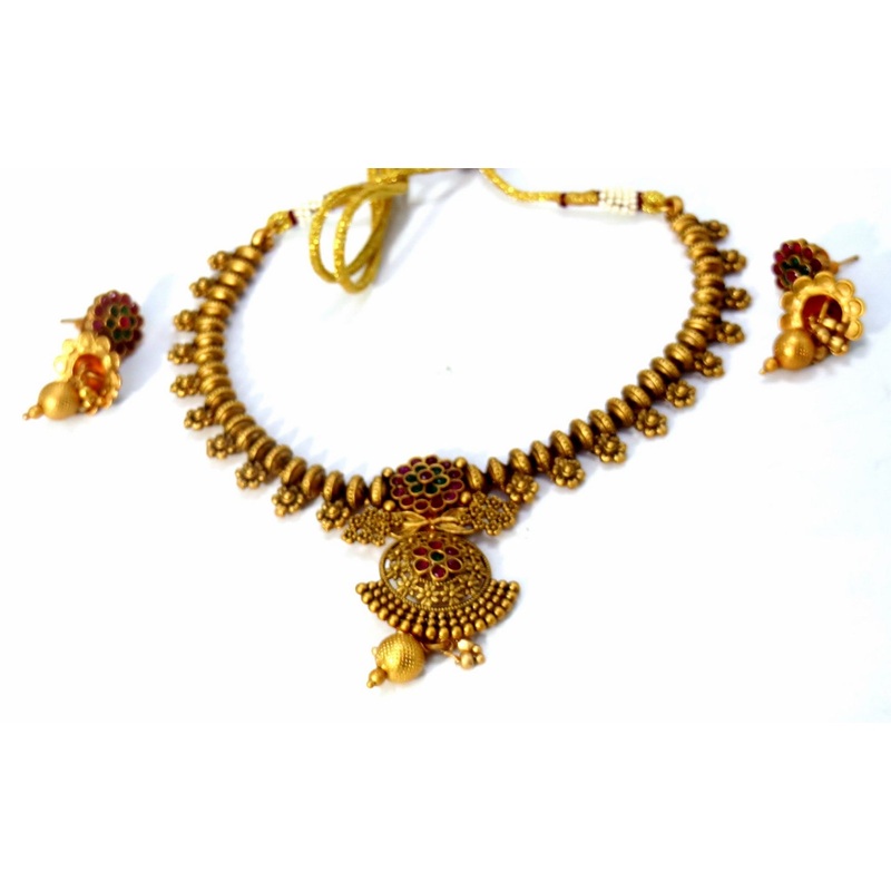 Jewelshingar Jewellery Fine Antique Polki Kundan Matte Gold Plated Multi Colour Necklace For Women ( 62113AST )