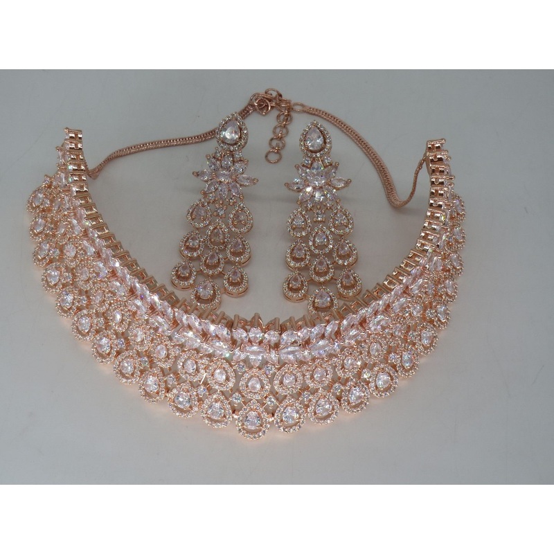 Jewelshingar Jewellery Fine Antique Polki Kundan RoseGold Plated Clear Colour Necklace For Women ( 62504NAD )
