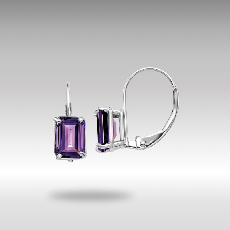 White Gold 7x5mm Emerald Cut Amethyst Leverback Earrings Model-XLB124WAM
