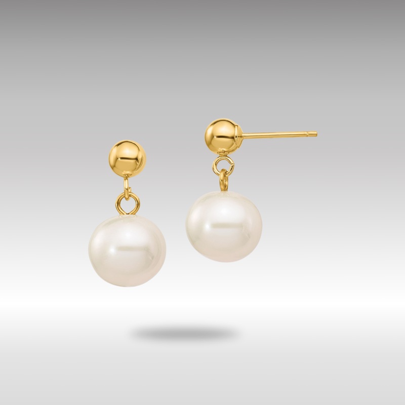 Gold 8-8.5mm White Round Freshwater Cultured Pearl Dangle Post Earrings – Model XF570