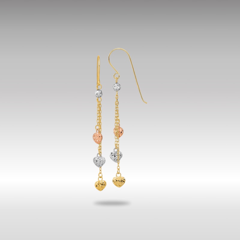 Gold Tri-color D/C Triple Heart Dangle Shepherd Hook Earrings Model-TH979