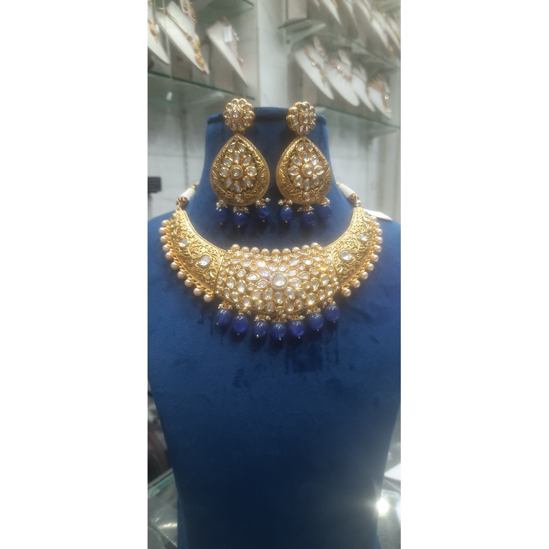 Jewelshingar fine polki kundan necklace set with blue drops with earrings for woman (180656JS)
