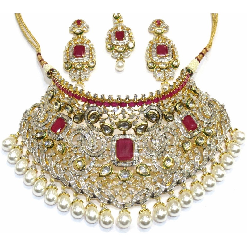 Jewelshingar Polki Kundan Cubic Zirconia Pearls Necklace Set For Women Jewellery ( 8980-dck-ruby )