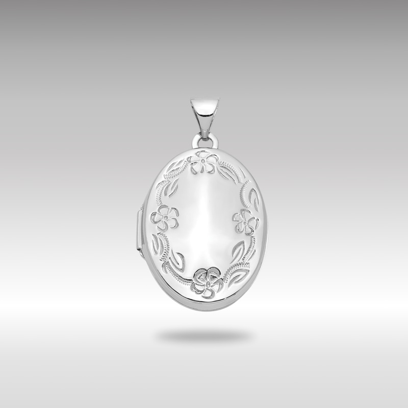 White Gold 21mm Oval Leaf Floral Scroll Border H/Eng Locket – Model XL534