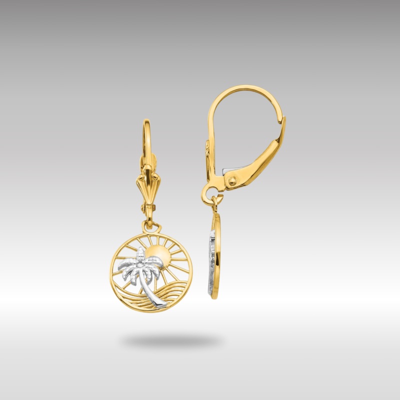Yellow and White Gold Dangle Palm Tree Leverback Earrings Model-H1128