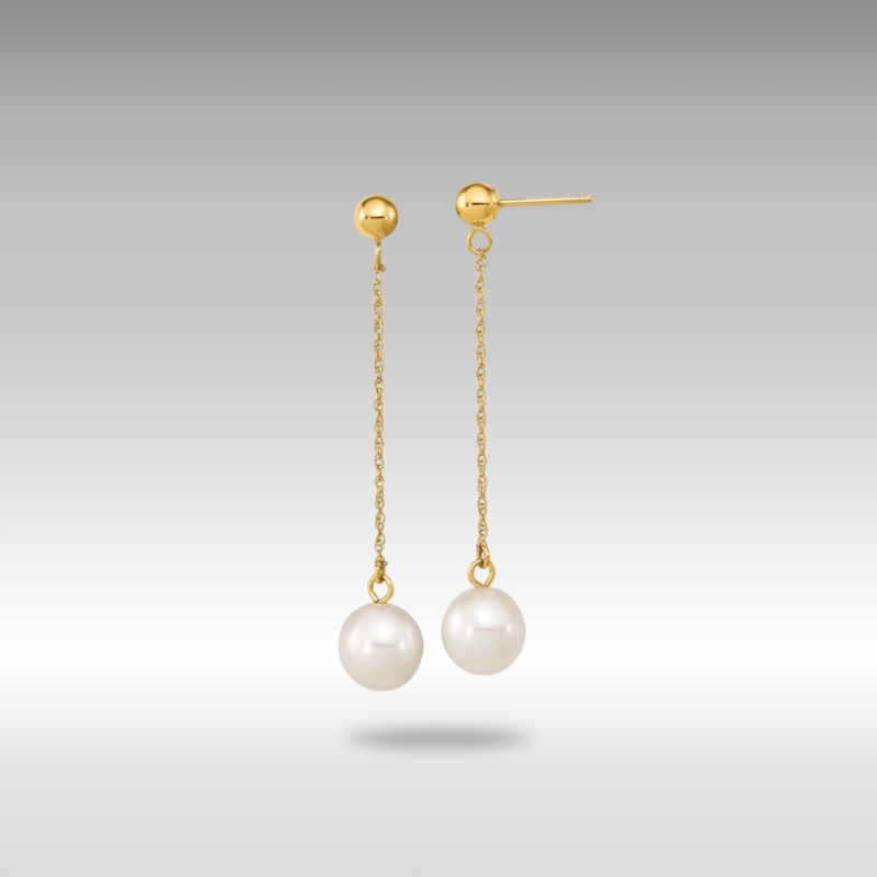 Gold 7-8mm White Round Freshwater Cultured Pearl Dangle Post Earrings Model-XF652E