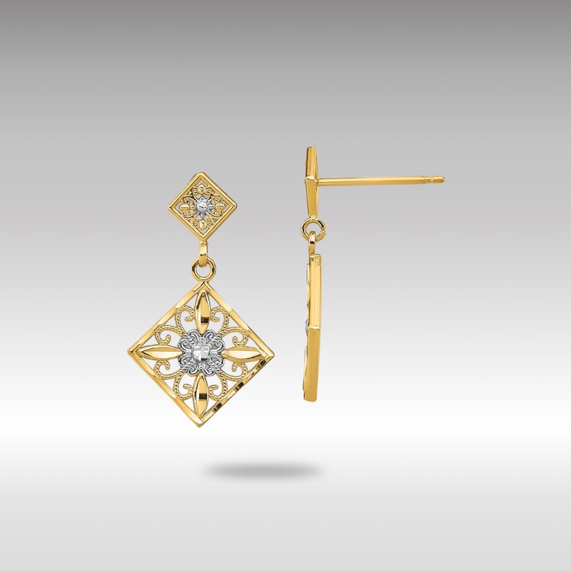 Gold Diamond Cut Square Filigree Dangle Earrings – Model TE934