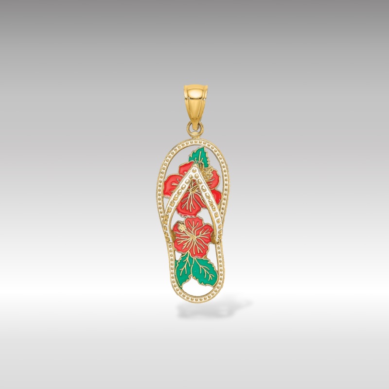Gold Enamel Red Hibiscus Flower Flip-Flop Pendant