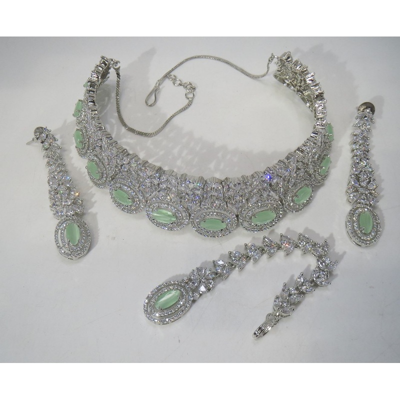 Jewelshingar Jewellery Fine American Diamond Gold Plated Green Colour Necklace For Women ( 60850NAD )