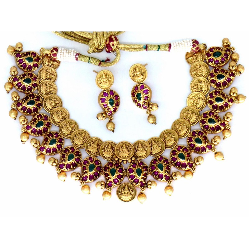 Jewelshingar Jewellery Fine Antique Polki Kundan Gold Plated Multi Colour Necklace For Women ( 61215AST )