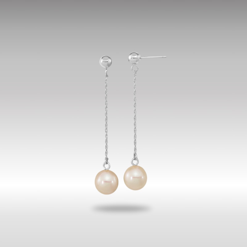 White Gold 7-8mm White Round Freshwater Cultured Pearl Dangle Post Earrings Model-XFW652E