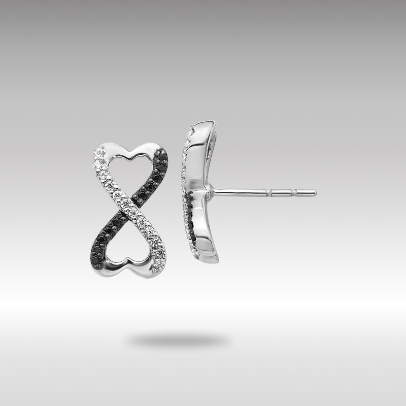 White Gold Black and White Diamond Infinity Heart Post Earrings – Model EM5516-BK-016-WA
