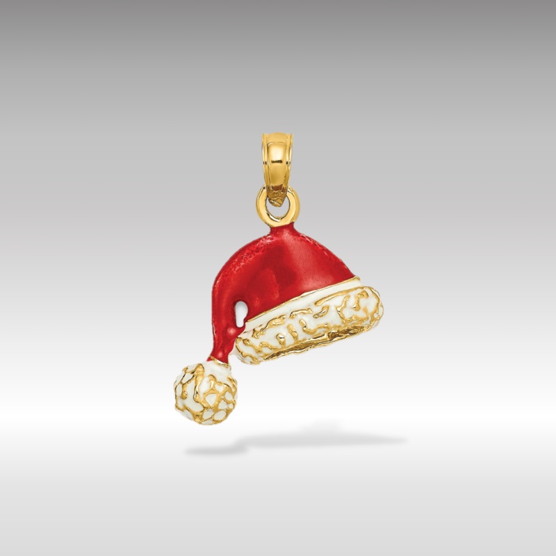 Gold 3D Santa Hat Pendant with Red and White Enamel