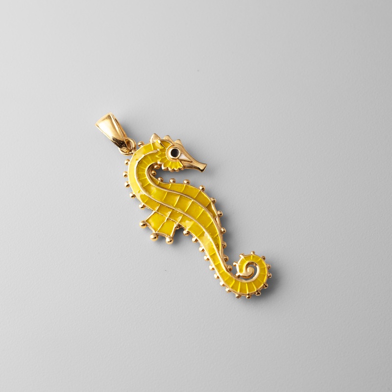 Gold 3D Yellow Enamel Seahorse Pendant