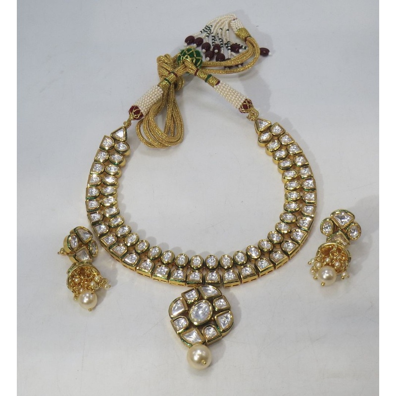 Jewelshingar Jewellery Fine Antique Polki Kundan Gold Plated Clear Colour Necklace For Women ( 60592ACS )
