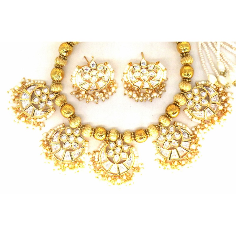 Jewelshingar Jewellery Fine Antique Polki Kundan Gold Plated Clear Colour Necklace For Women ( 61242AST )