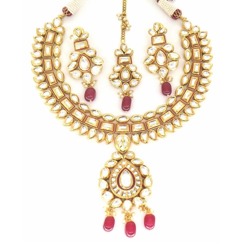 Jewelshingar Jewellery Fine Antique Polki Kundan Gold Plated Pink Colour Necklace For Women ( 60292ACS )