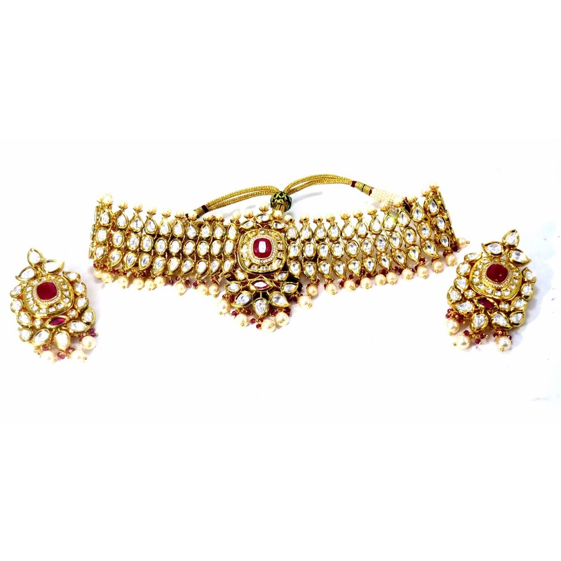 Jewelshingar Jewellery Fine Antique Polki Kundan Gold Plated Red Colour Necklace For Women ( 62118ACS )