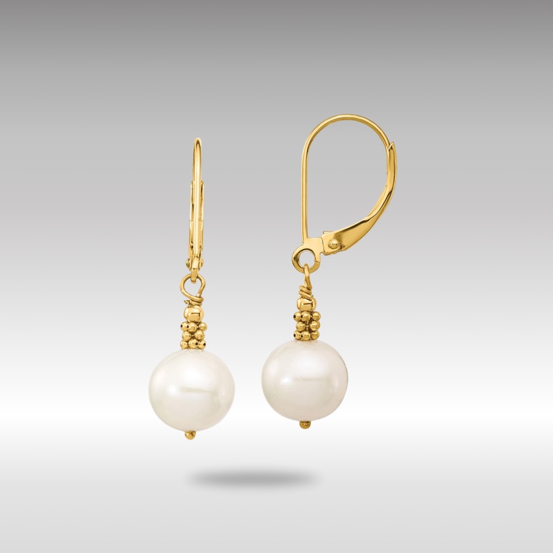 Gold 8-9mm Near Round White FWC Pearl Leverback Earrings – Model XF654E