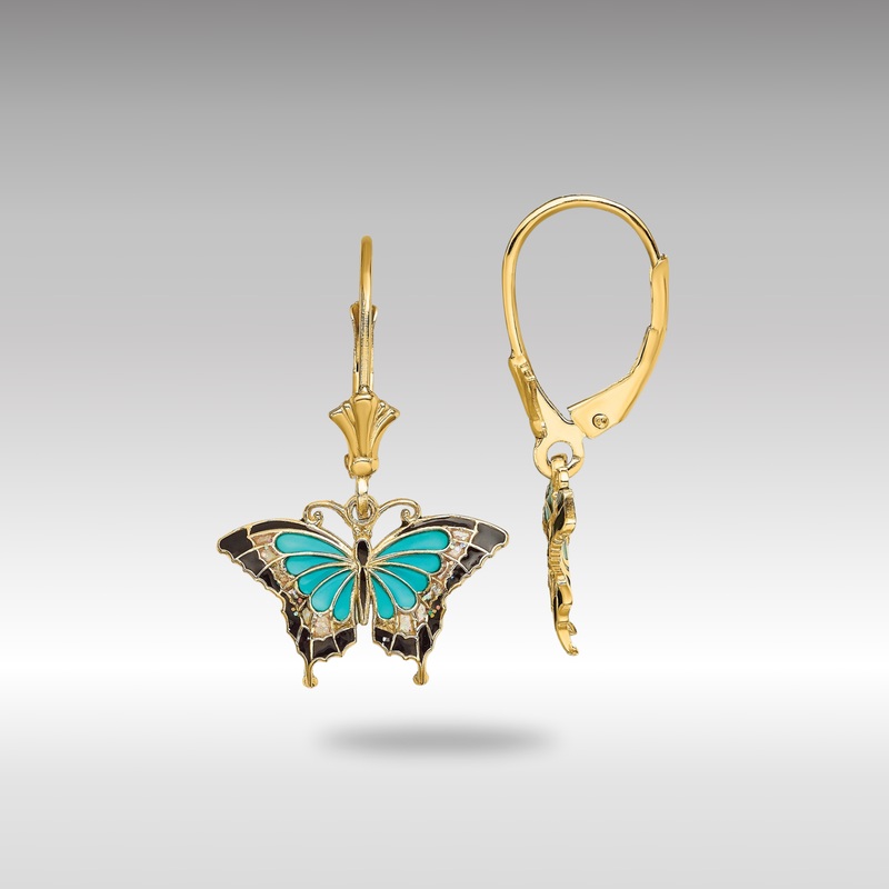 Gold Aqua Enameled Wings Butterfly Leverback Earrings – Model TF1916