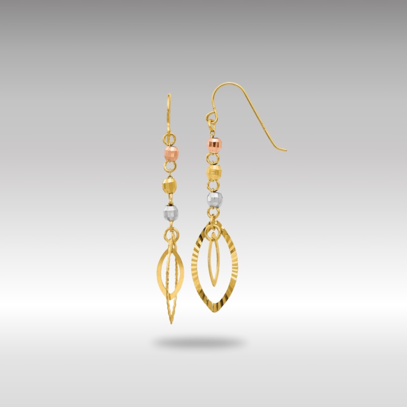 Gold Tri-Color Diamond-cut Bead Oval Dangle Earrings Model-TH539