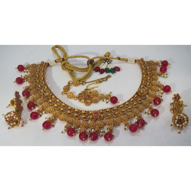 Jewelshingar Jewellery Fine Antique Polki Kundan Antique Plated Red Colour Necklace For Women ( 60626AST )