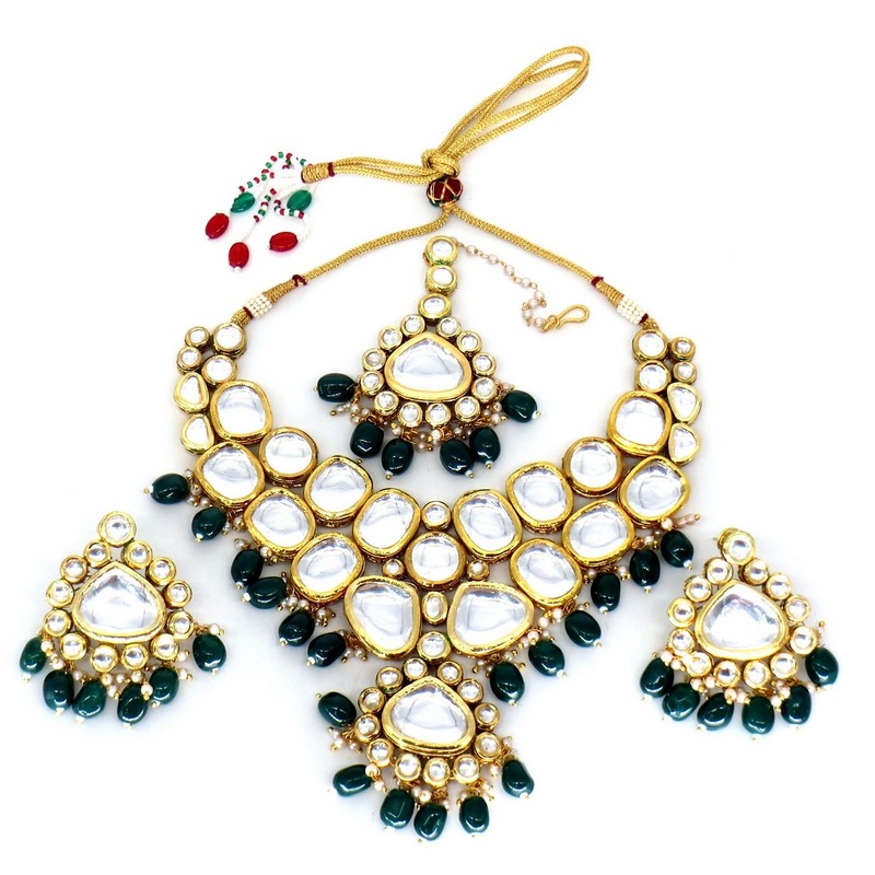 Jewelshingar Jewellery Fine Antique Polki Kundan Gold Plated Green Colour Necklace For Women ( 60441ACS )