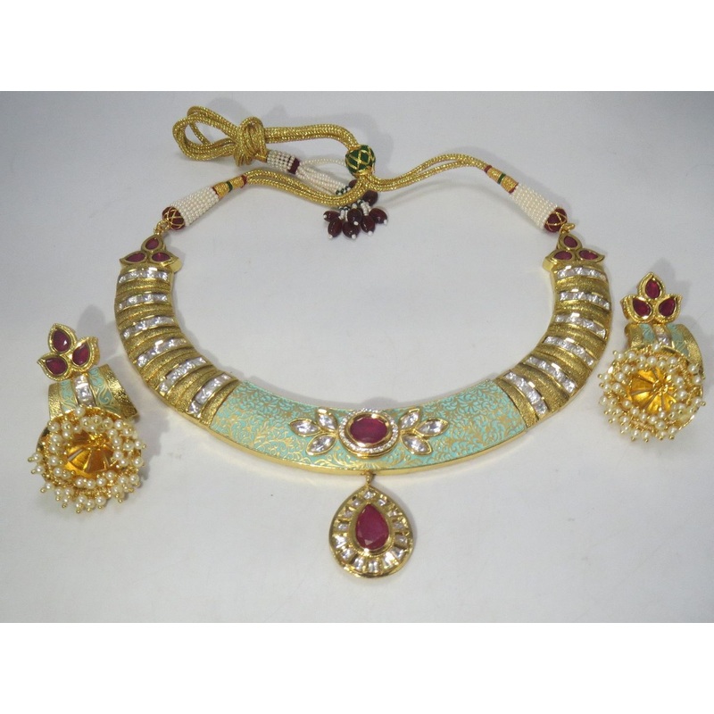 Jewelshingar Jewellery Fine Antique Polki Kundan Gold Plated Multi Colour Colour Necklace For Women ( 60575ACS )