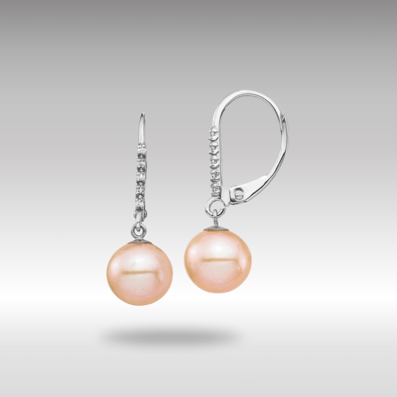 White Gold 8-9mm Pink FWC Pearl .05ct Diamond Leverback Earrings Model-XF702E