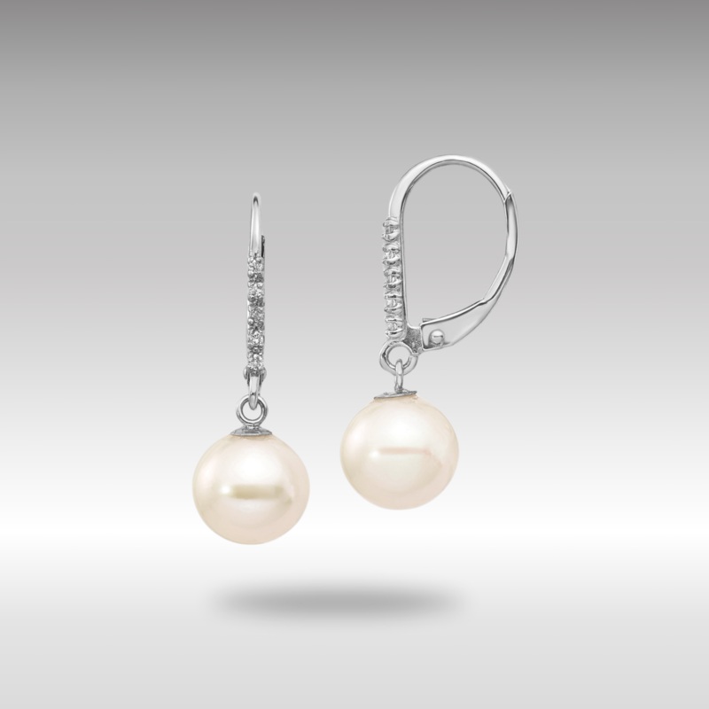 White Gold 8-9mm Round FWC Pearl .05ct Diamond Leverback Earrings Model-XF571