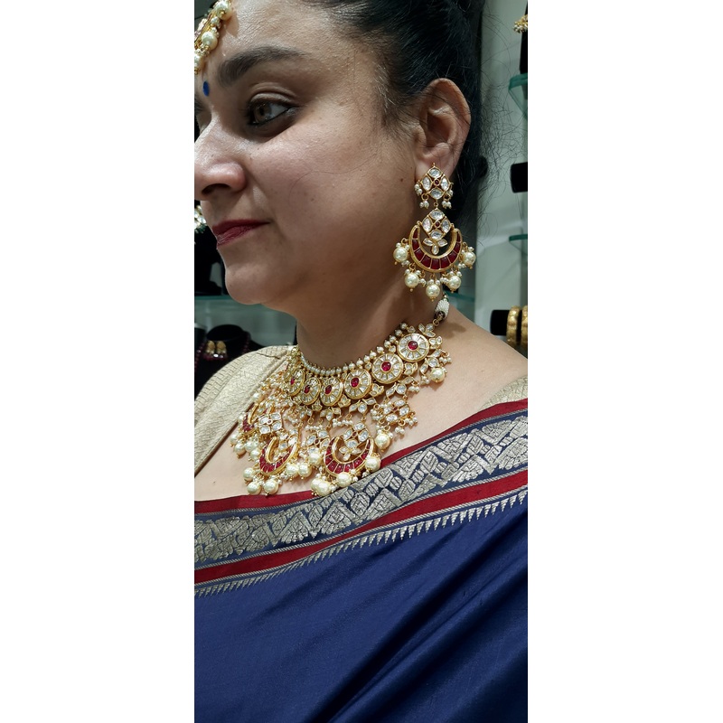 Jewelshingar fine necklace choker Ruby polki kundan with earrings and maangtikka (182018JS)