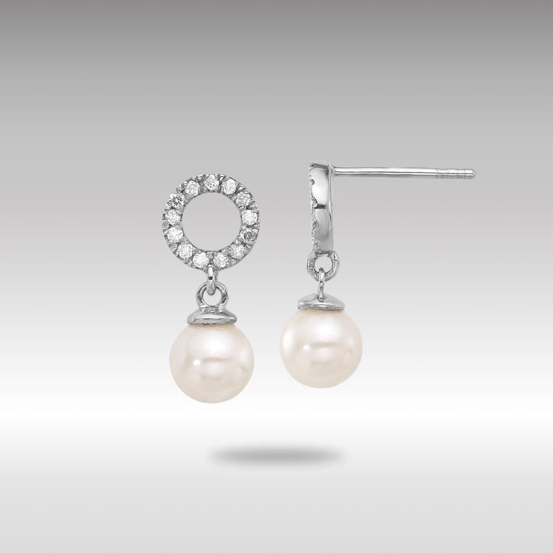White Gold 6-7mm Rnd White Akoya Pearl and .20ct Diamond Dangle Earrings – Model XF841E