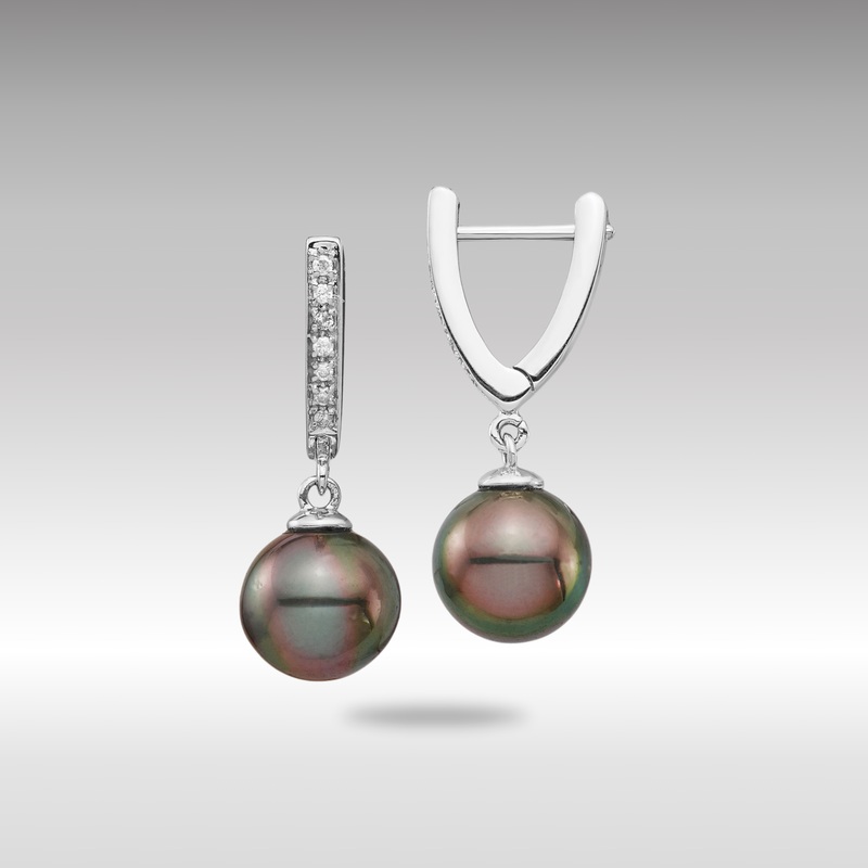 White Gold 9-10mm Round Saltwater Cultured Tahitian Pearl Diamond Dangle Earrings – Model XF733E